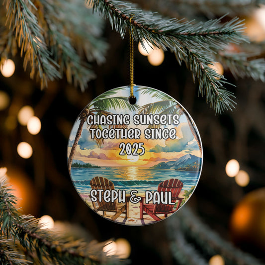 Chasing Sunsets Together Personalized Ceramic Ornament, Christmas Ornament Keepsake