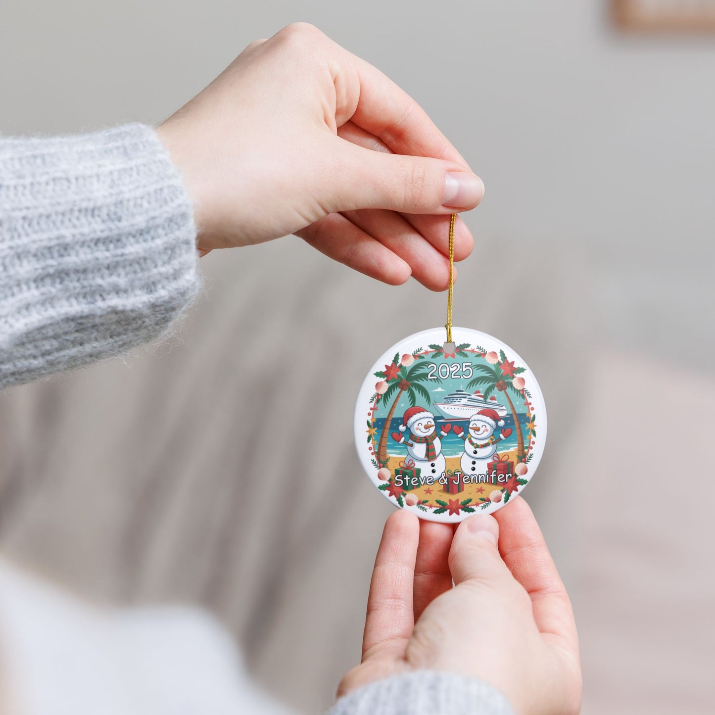 Personalized Beach Themed Ornament - Snow Couple 2025 Decoration