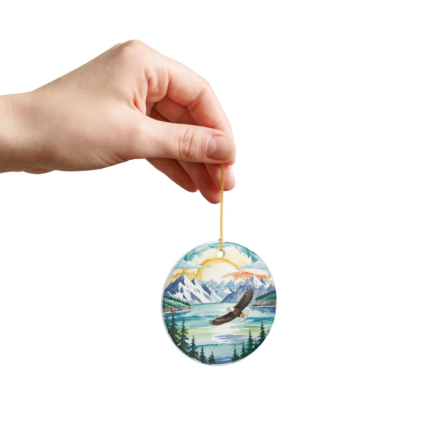 Ceramic Ornament – Alaska Cruise Souvenir with Mountain Lake and Eagle Design