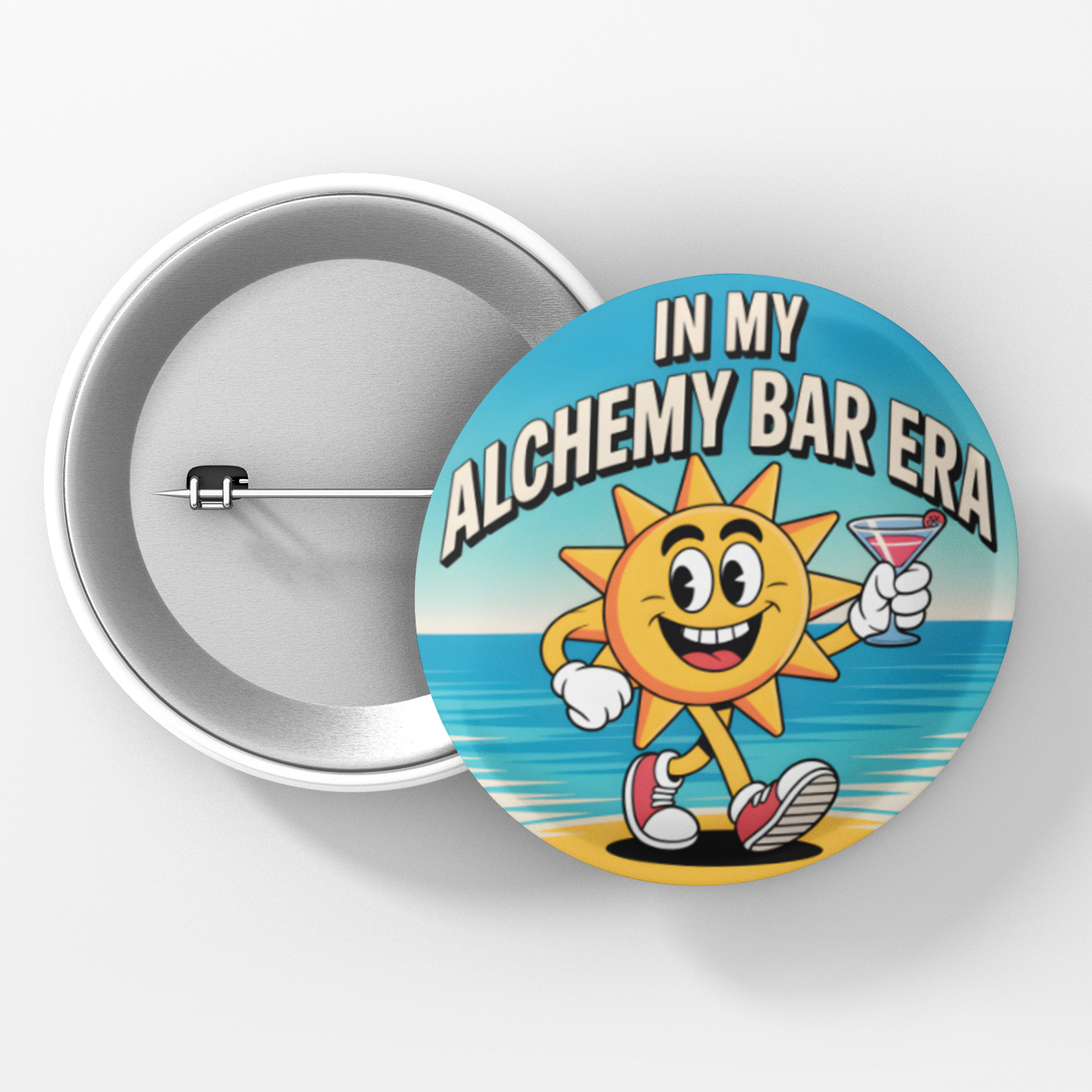 Button badge with cartoon sun character and text 'In My Alchemy Bar Era' on a white background