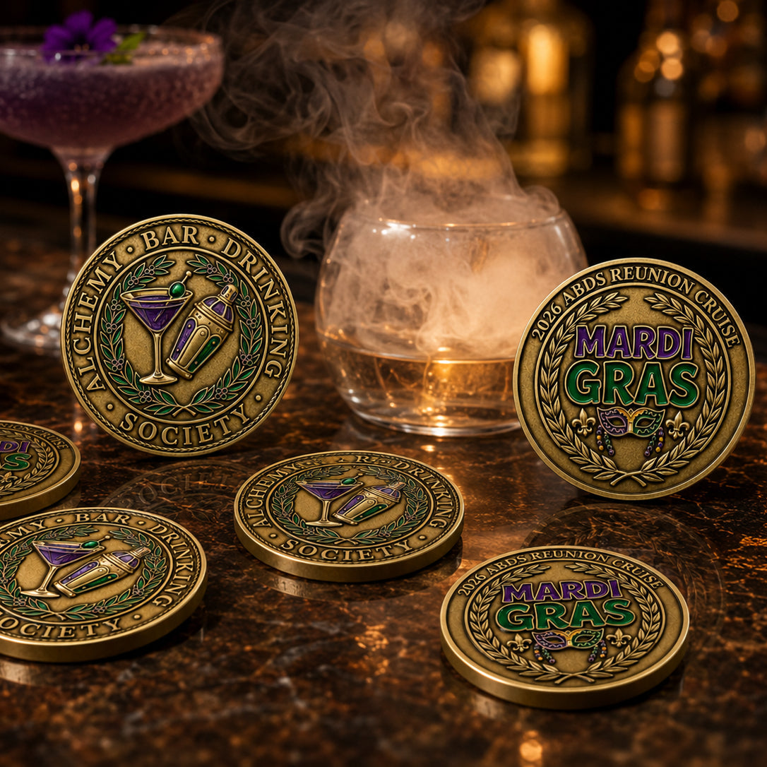 Five round Mardi Gras themed cocktail coins are displayed on a dark, glossy bar counter, with a smoky glass, a purple margarita, and bar bottles blurred in the background. The logo for 'The Salty Anchor' is visible in the bottom-left corner.