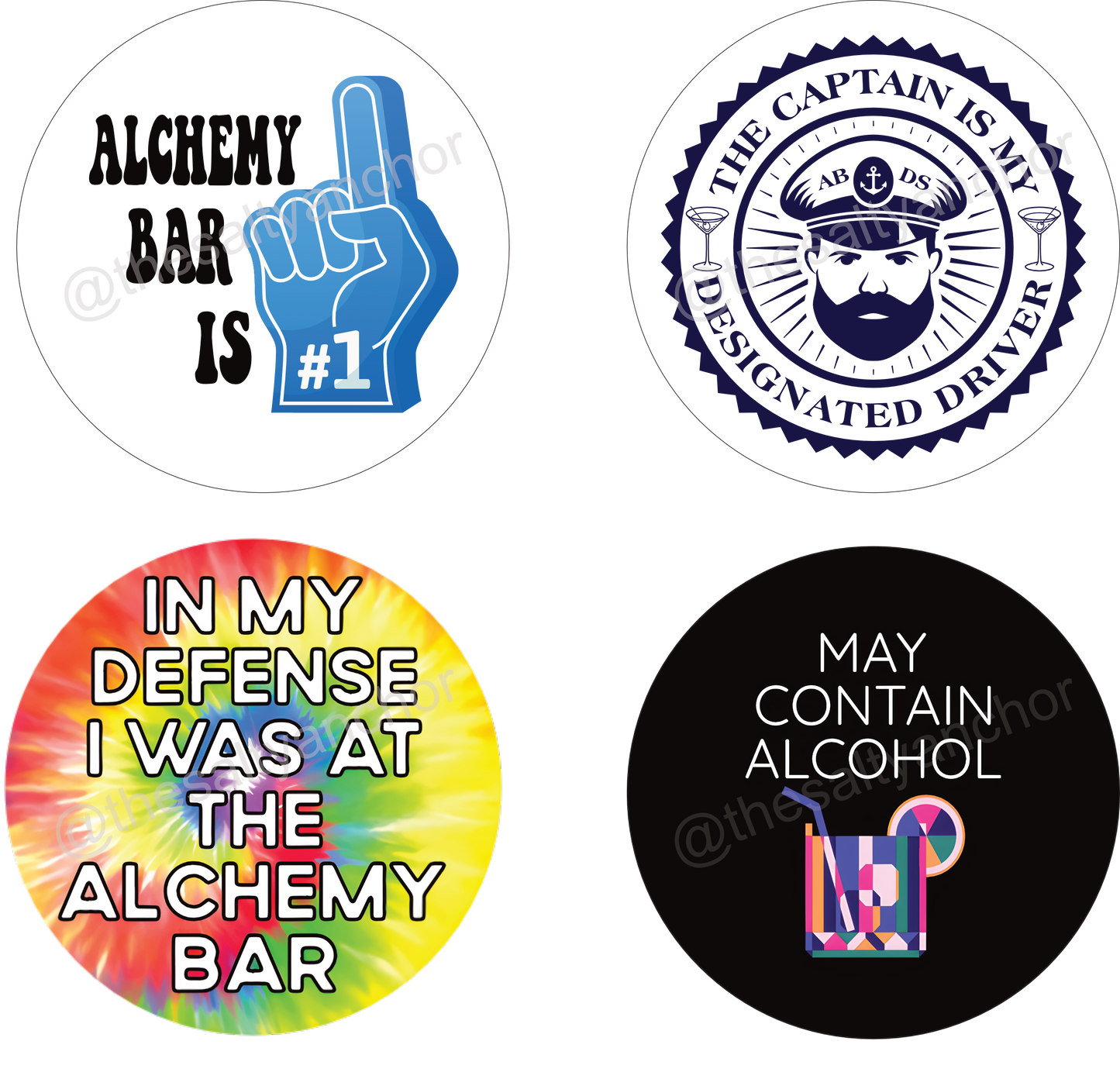 A set of six round drink coasters with various nautical-themed designs, including text and maritime symbols.