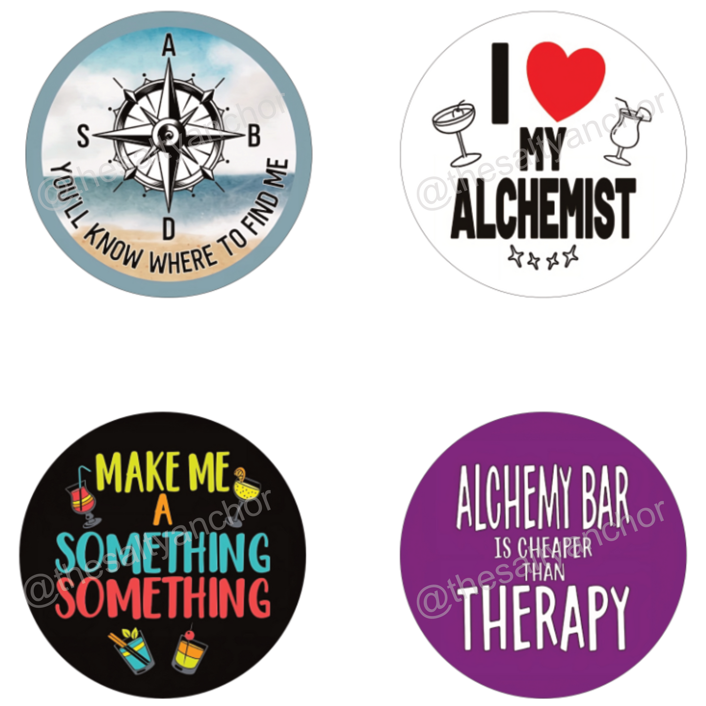 A set of six round drink coasters with various nautical and playful designs, including text and maritime symbols.