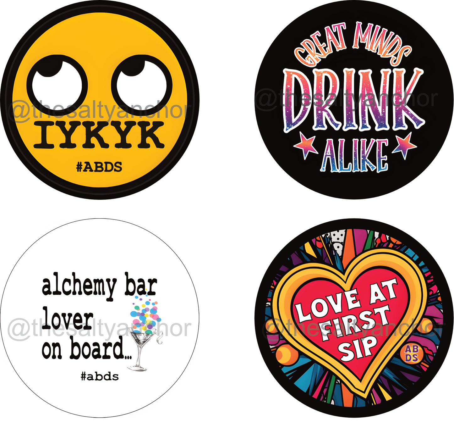 A set of six round drink coasters with various nautical and playful designs, including text and maritime-themed illustrations.