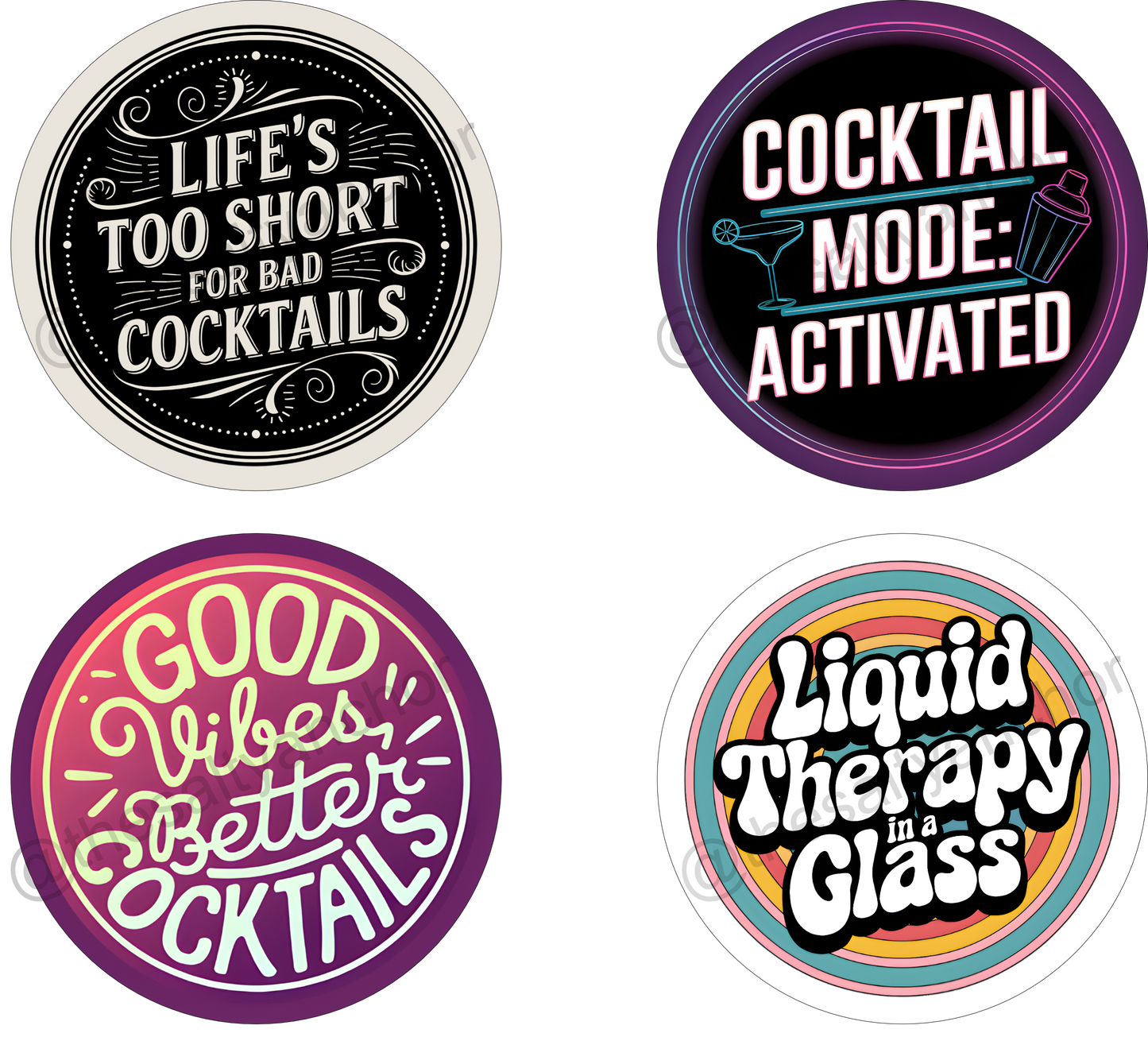 A set of six round coasters with various colorful designs related to the Alchemy Bar theme, including phrases like 'Life's too short for bad cocktails' and 'Good vibes better than therapy'. The coasters have a rubber non-slip backing and are labeled with the ABDS Drink Coaster brand.