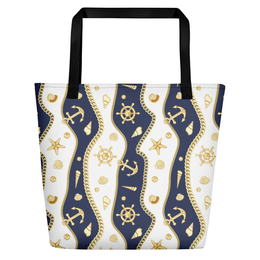 Golden Shells and Nautical Design Beach Bag 16x20 - The Salty Anchor