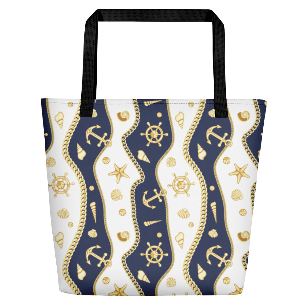 Golden Shells and Nautical Design Beach Bag 16x20 - The Salty Anchor
