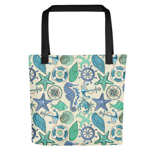 Blue Sea Animals and Nautical Design Tote Bag 15x15 - The Salty Anchor