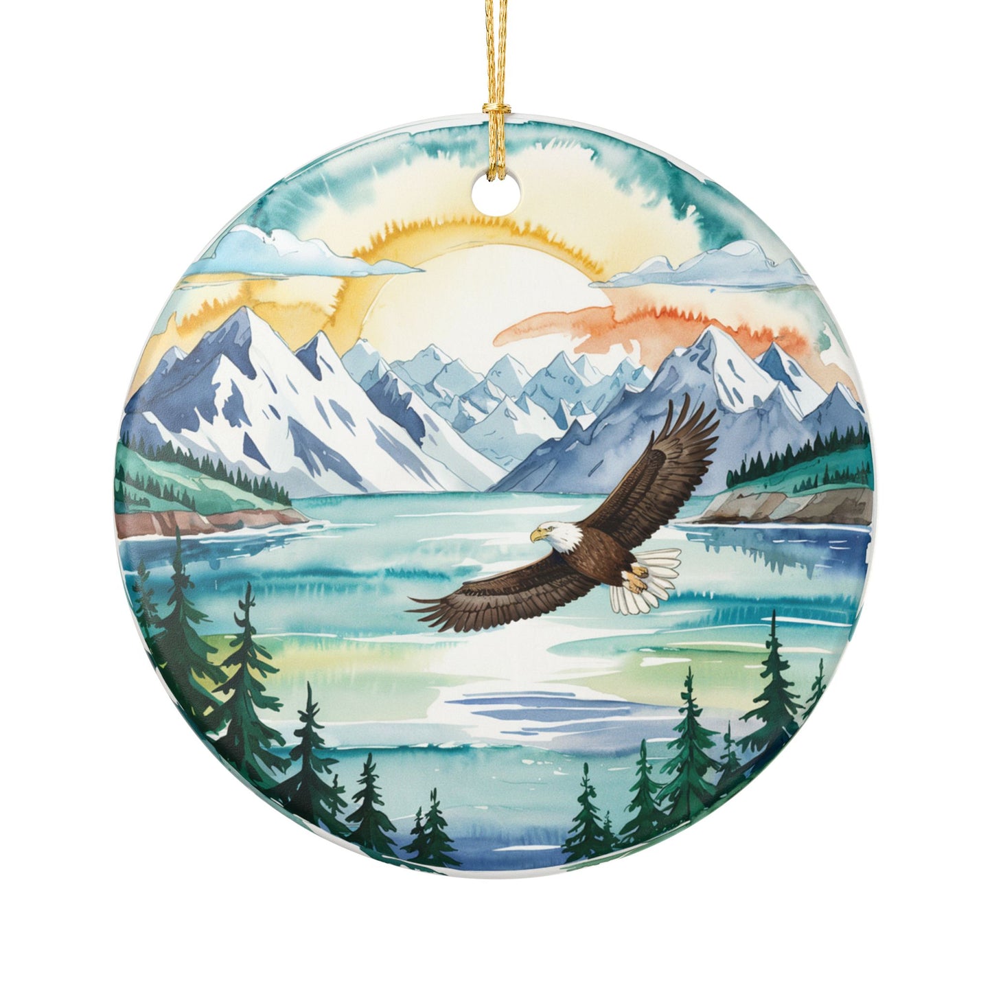Ceramic Ornament – Alaska Cruise Souvenir with Mountain Lake and Eagle Design