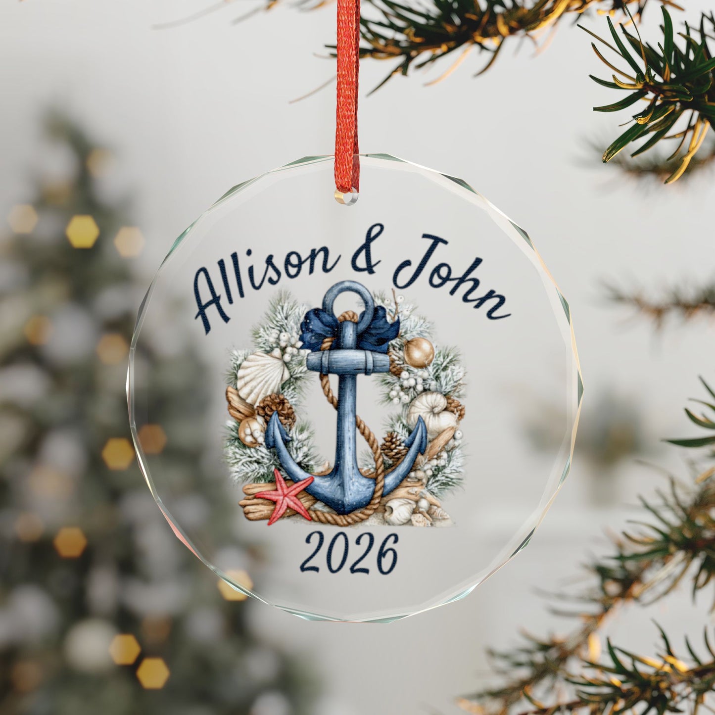 Personalized 2026 Nautical Anchor Glass Ornament