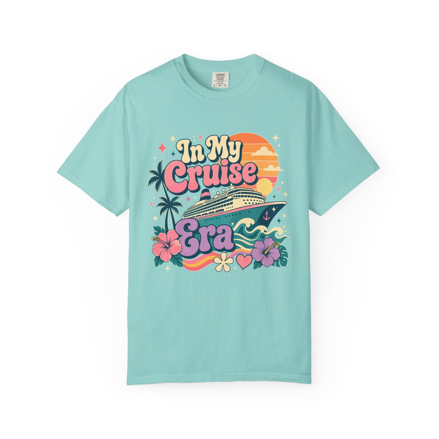 Light blue t-shirt with 'In My Cruise Era' graphic design on a white background