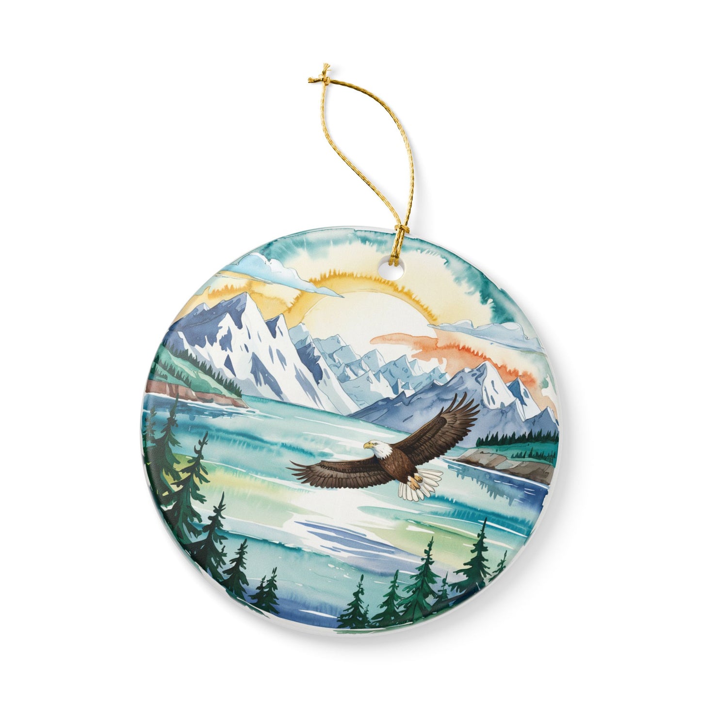 Ceramic Ornament – Alaska Cruise Souvenir with Mountain Lake and Eagle Design