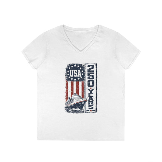 USA Cruise 250 Years Womens V-Neck T-Shirt — Patriotic Flag & Ship Graphic
