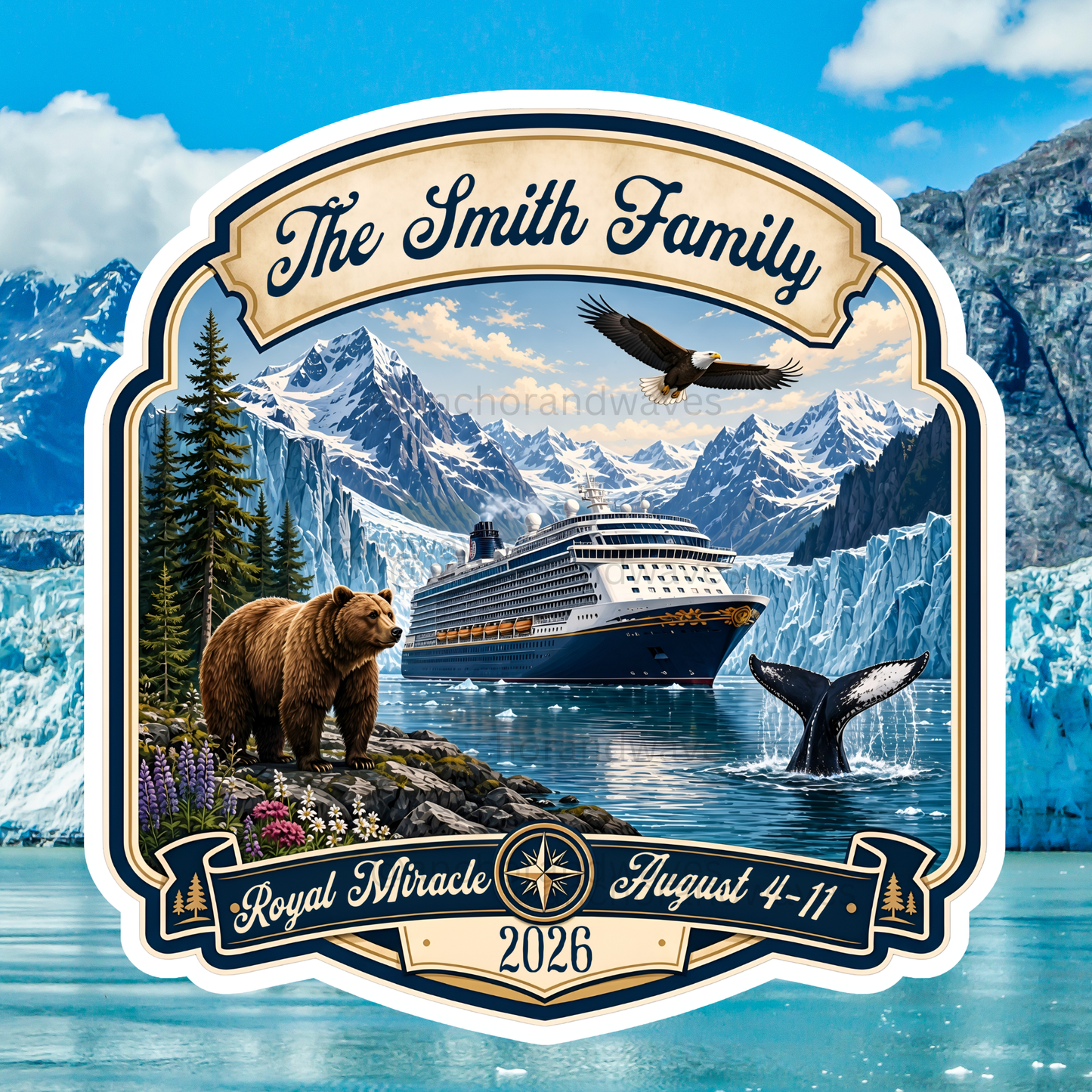 Personalized Alaska cruise door magnet featuring glaciers, snow-capped mountains, a cruise ship, bald eagle, bear, wildflowers, and whale tail.