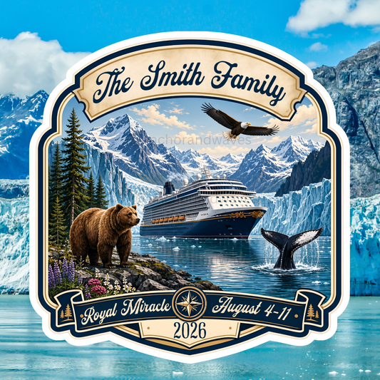Personalized Alaska cruise door magnet featuring glaciers, snow-capped mountains, a cruise ship, bald eagle, bear, wildflowers, and whale tail.