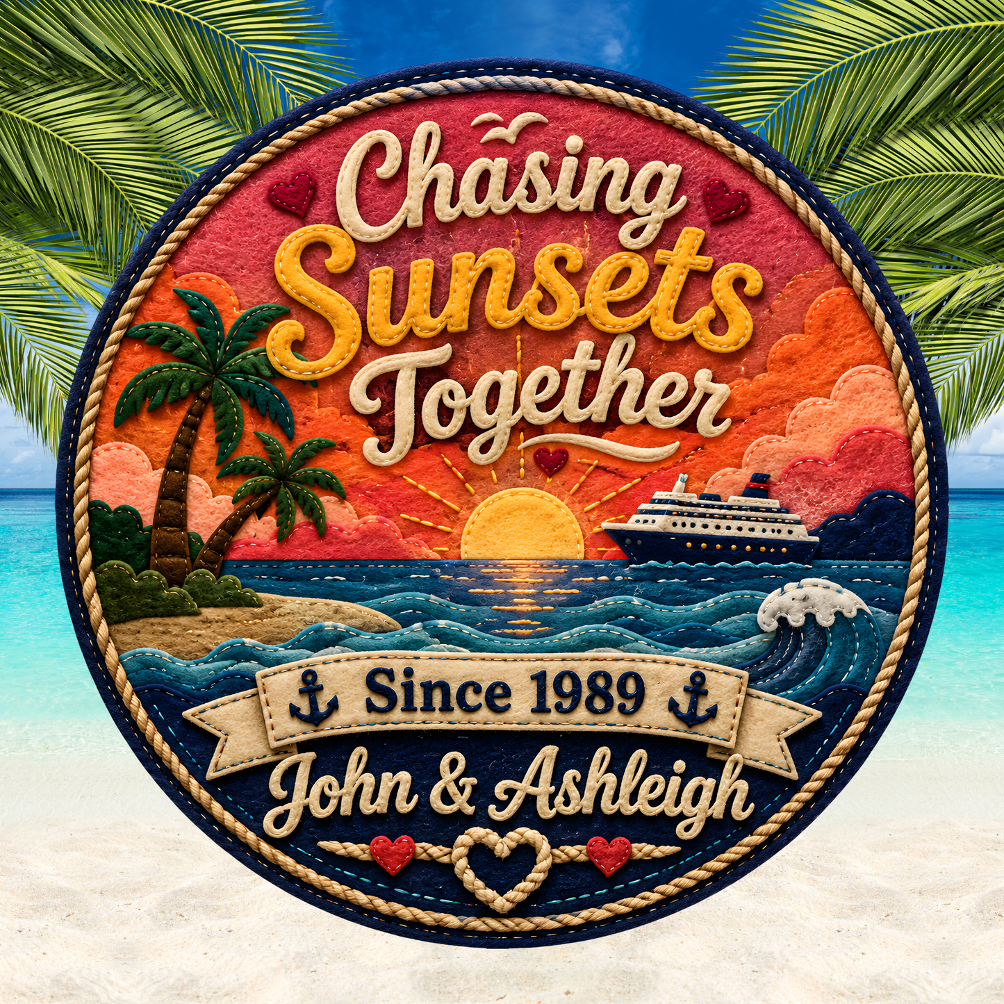 Circular design with 'Chasing Sunsets Together' text, palm tree, sunset, and ship on a beach background.