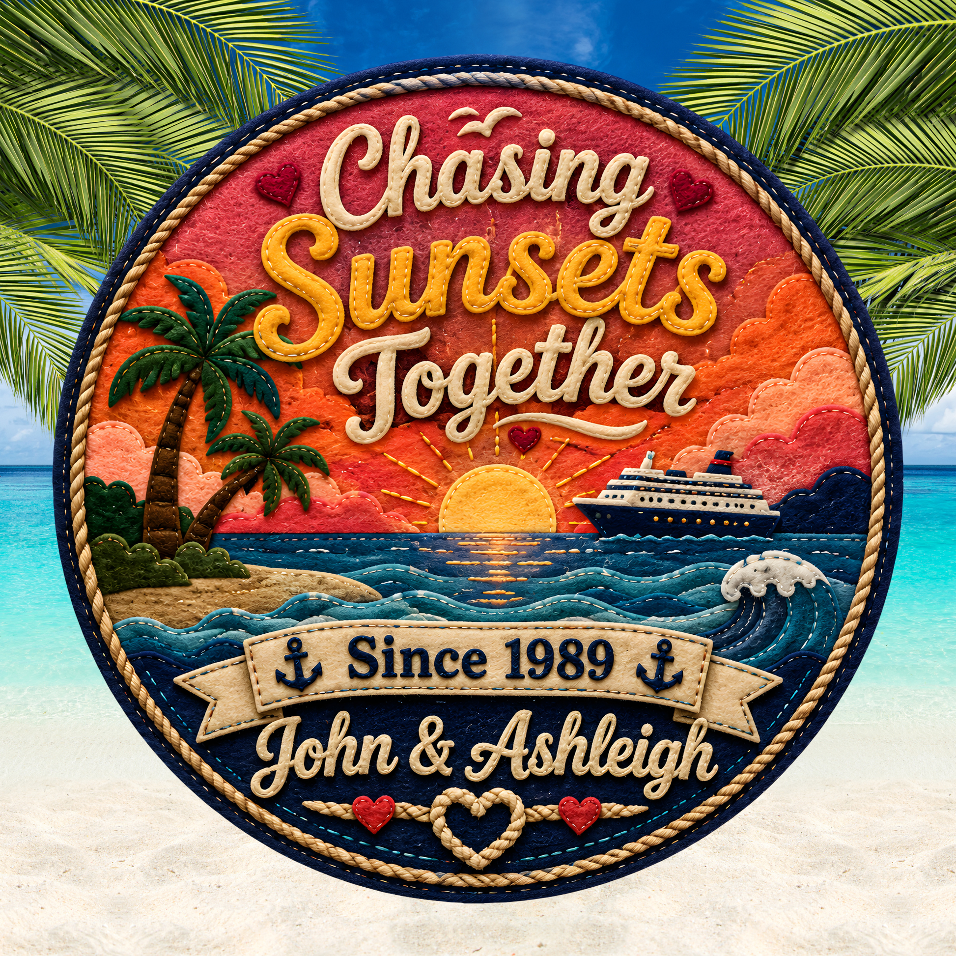 Circular design with 'Chasing Sunsets Together' text, palm tree, sunset, and ship on a beach background.