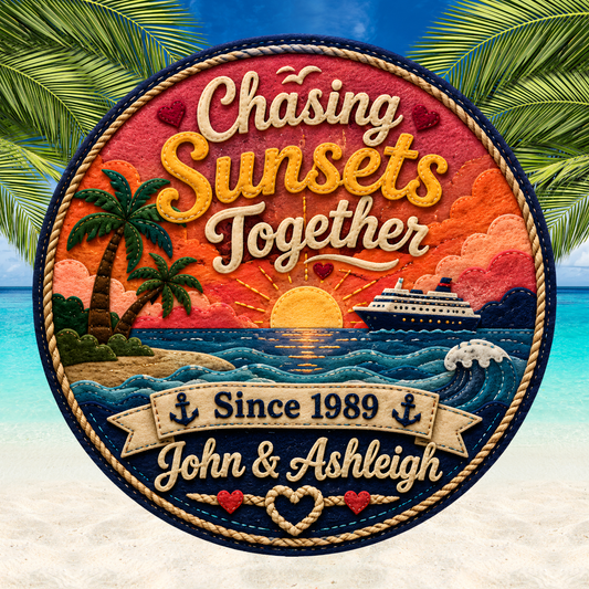 Circular design with 'Chasing Sunsets Together' text, palm tree, sunset, and ship on a beach background.
