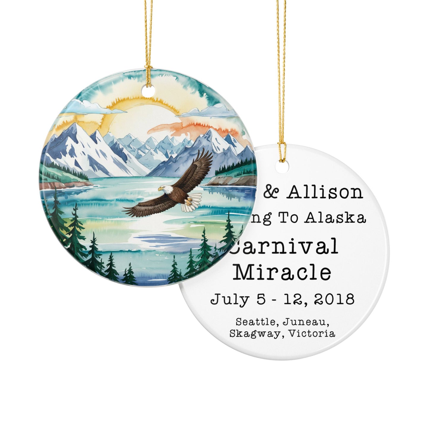 Ceramic Ornament – Alaska Cruise Souvenir with Mountain Lake and Eagle Design