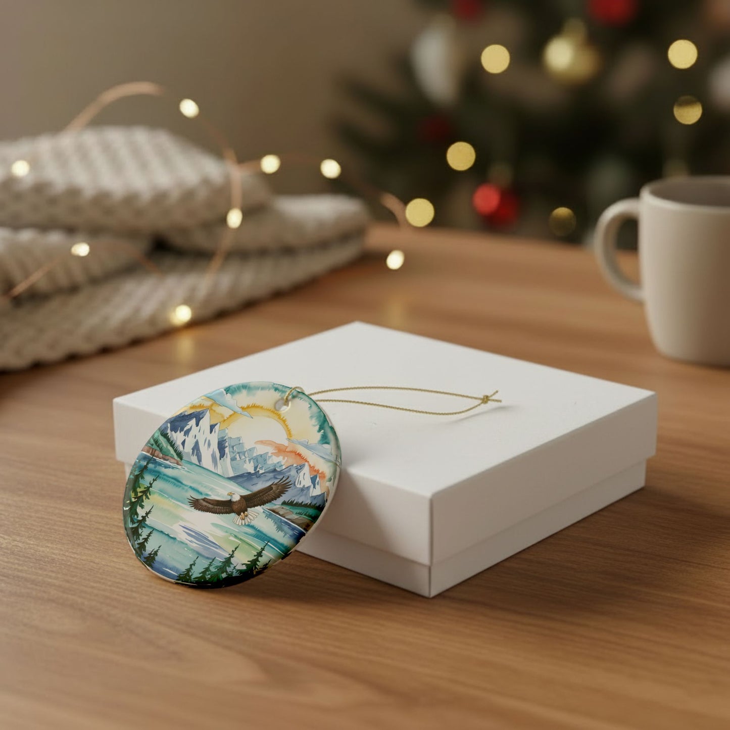 Ceramic Ornament – Alaska Cruise Souvenir with Mountain Lake and Eagle Design
