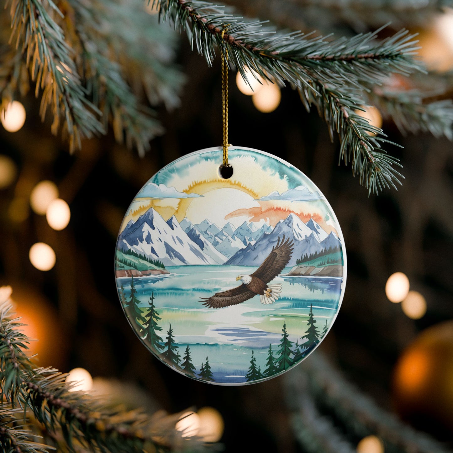 Ceramic Ornament – Alaska Cruise Souvenir with Mountain Lake and Eagle Design