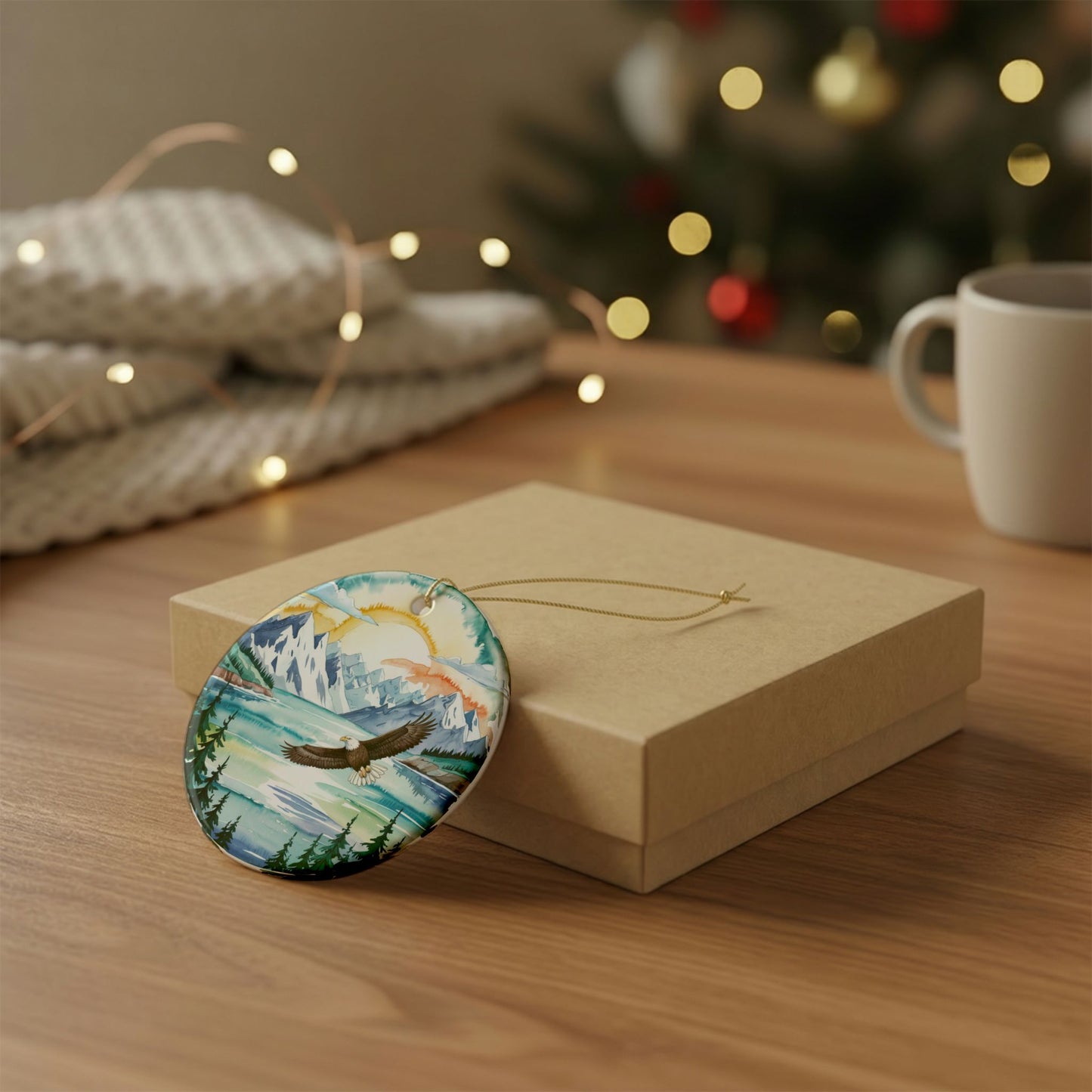 Ceramic Ornament – Alaska Cruise Souvenir with Mountain Lake and Eagle Design