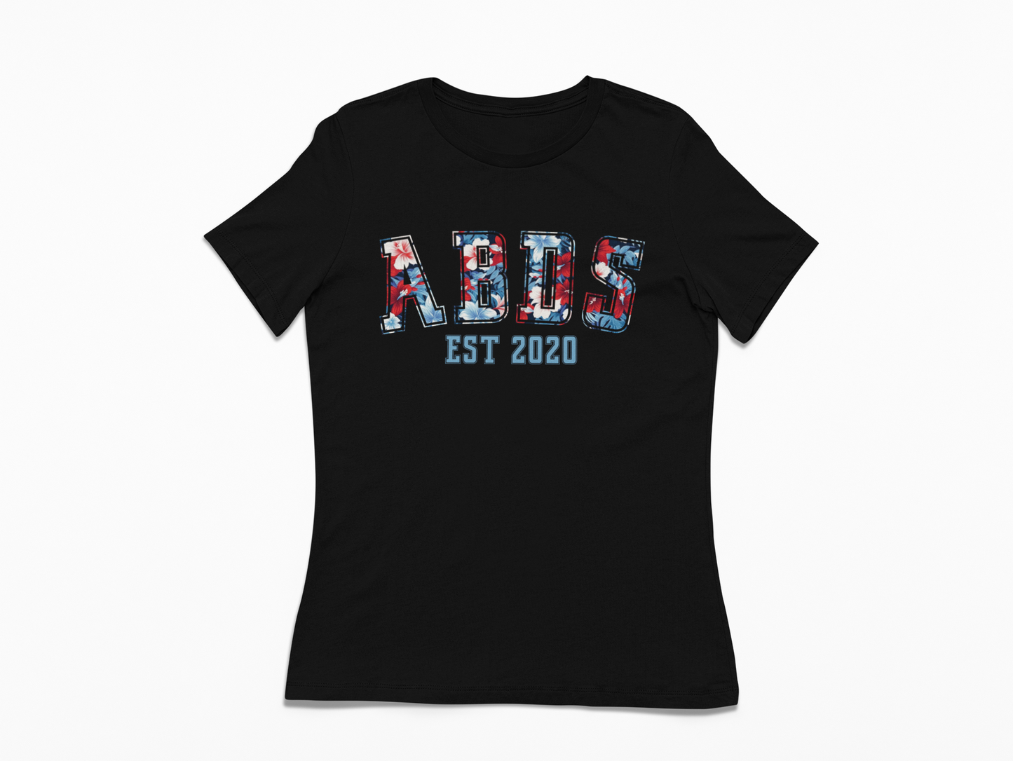 Black women’s ABDS tee featuring red, white, and blue floral collegiate-style lettering with “EST 2020” printed underneath.