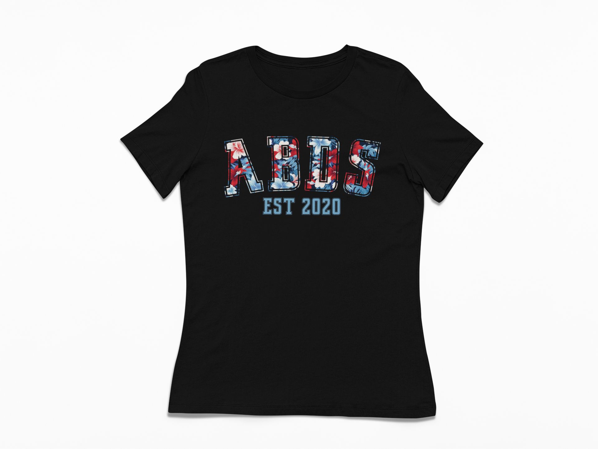 Black women’s ABDS tee featuring red, white, and blue floral collegiate-style lettering with “EST 2020” printed underneath.