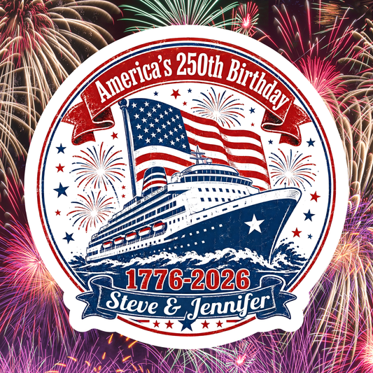 Circular design celebrating America's 250th Birthday with a ship, American flag, and fireworks.