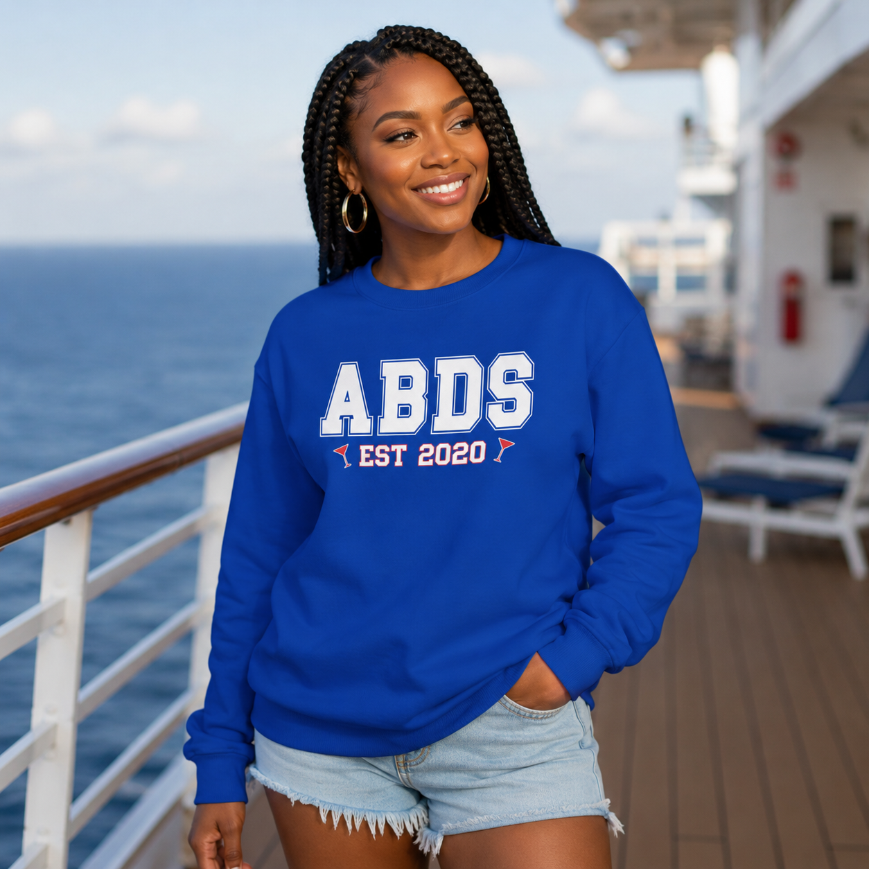 A woman stands on a cruise ship deck wearing a royal blue crewneck sweatshirt with 'ABDS EST 2020' printed in white and red, paired with light denim shorts, with the ocean and ship railing in the background.