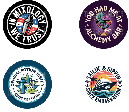 Set of six circular stickers with various designs and text on a white background.