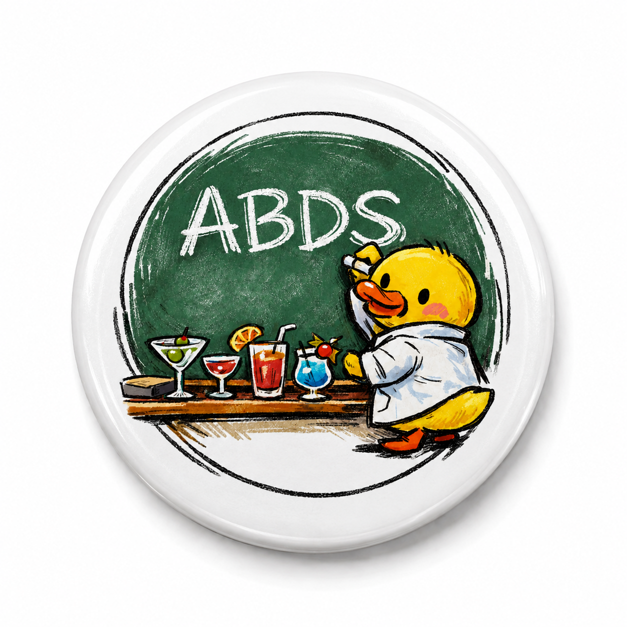 A round white button badge featuring a cartoon yellow duck in a white lab coat standing at a bar with colorful drinks and a green chalkboard background with the word 'ABDS' written in white.