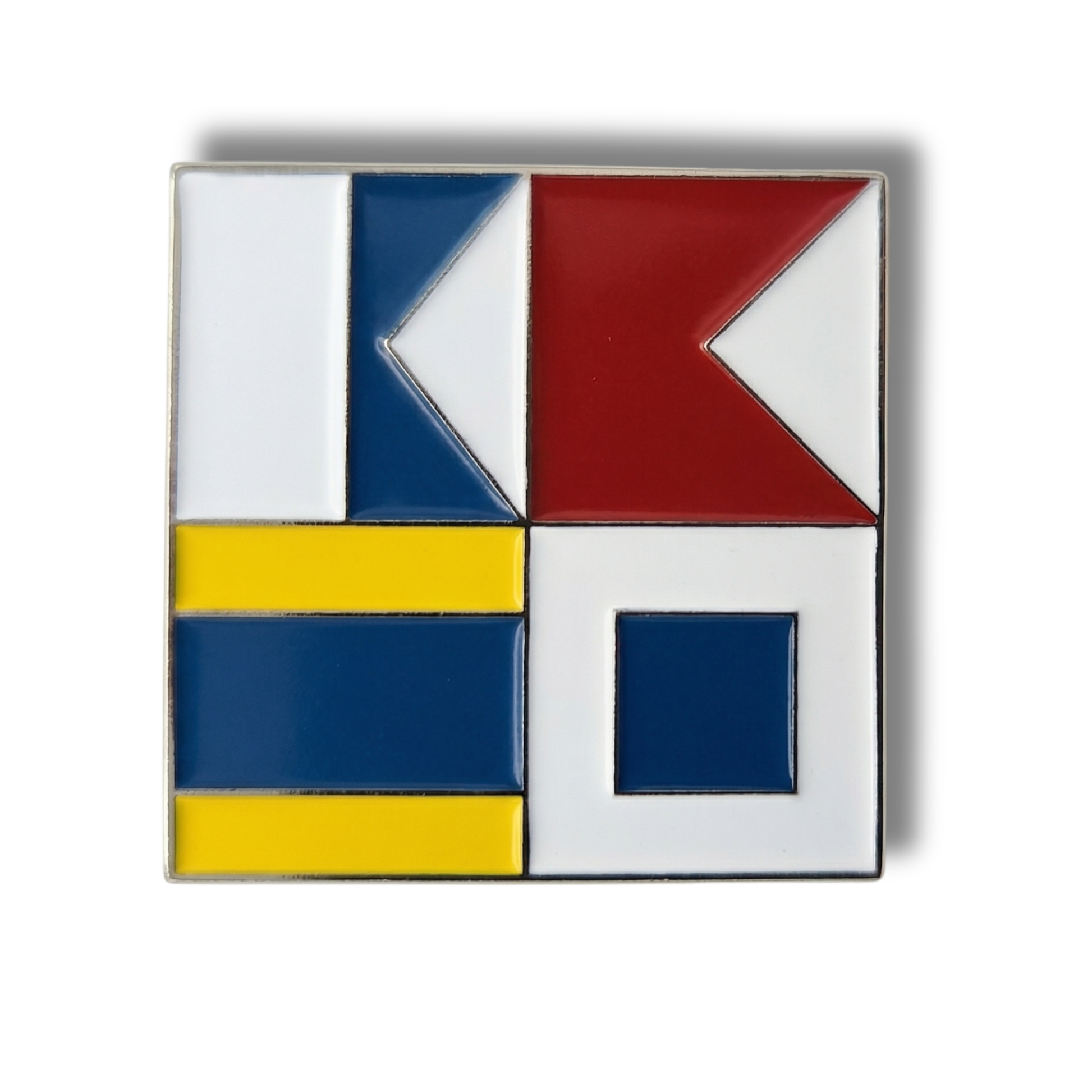 Square tile with geometric design featuring red, blue, yellow, and white colors on a white background