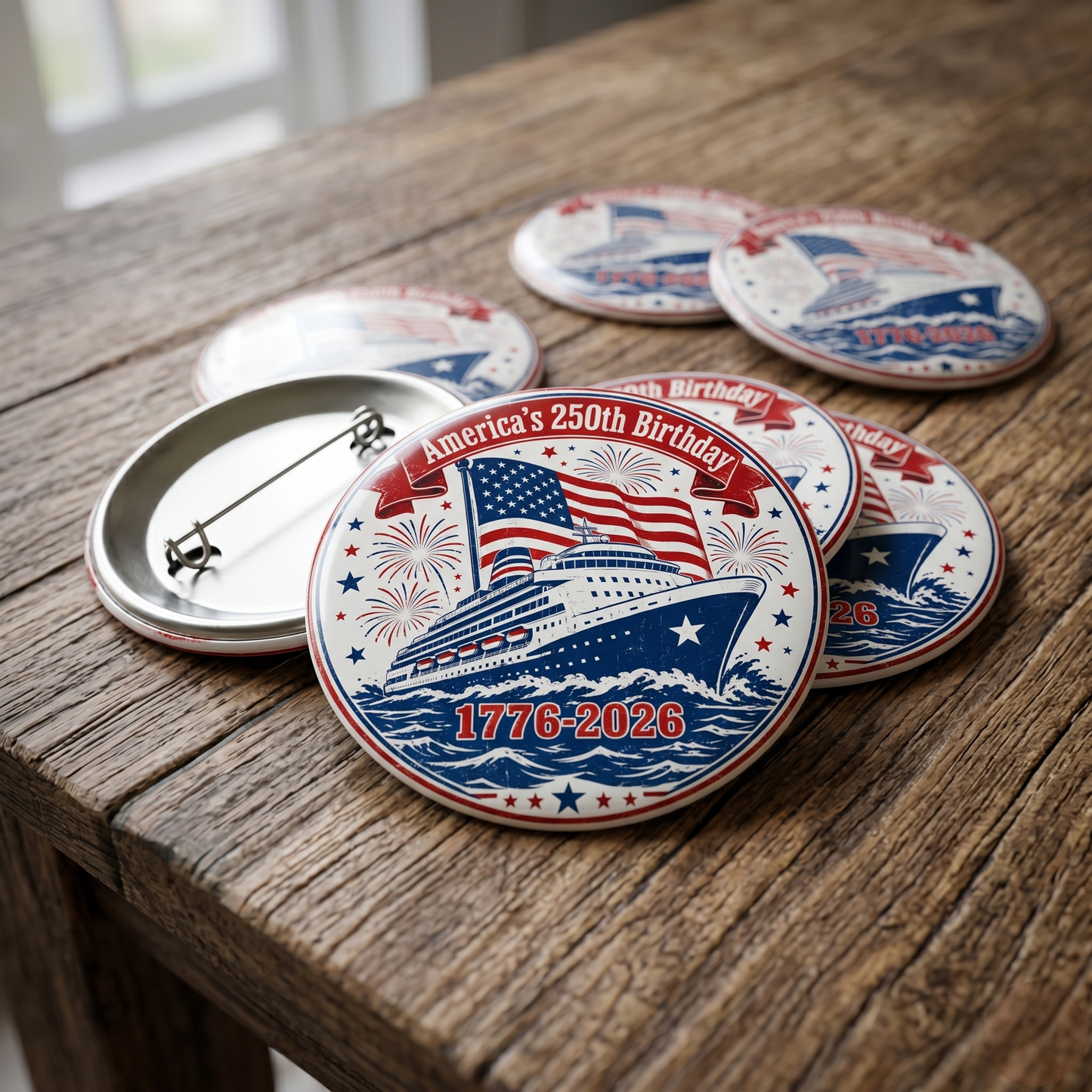 Button with American flag, ship, and text on a wooden surface