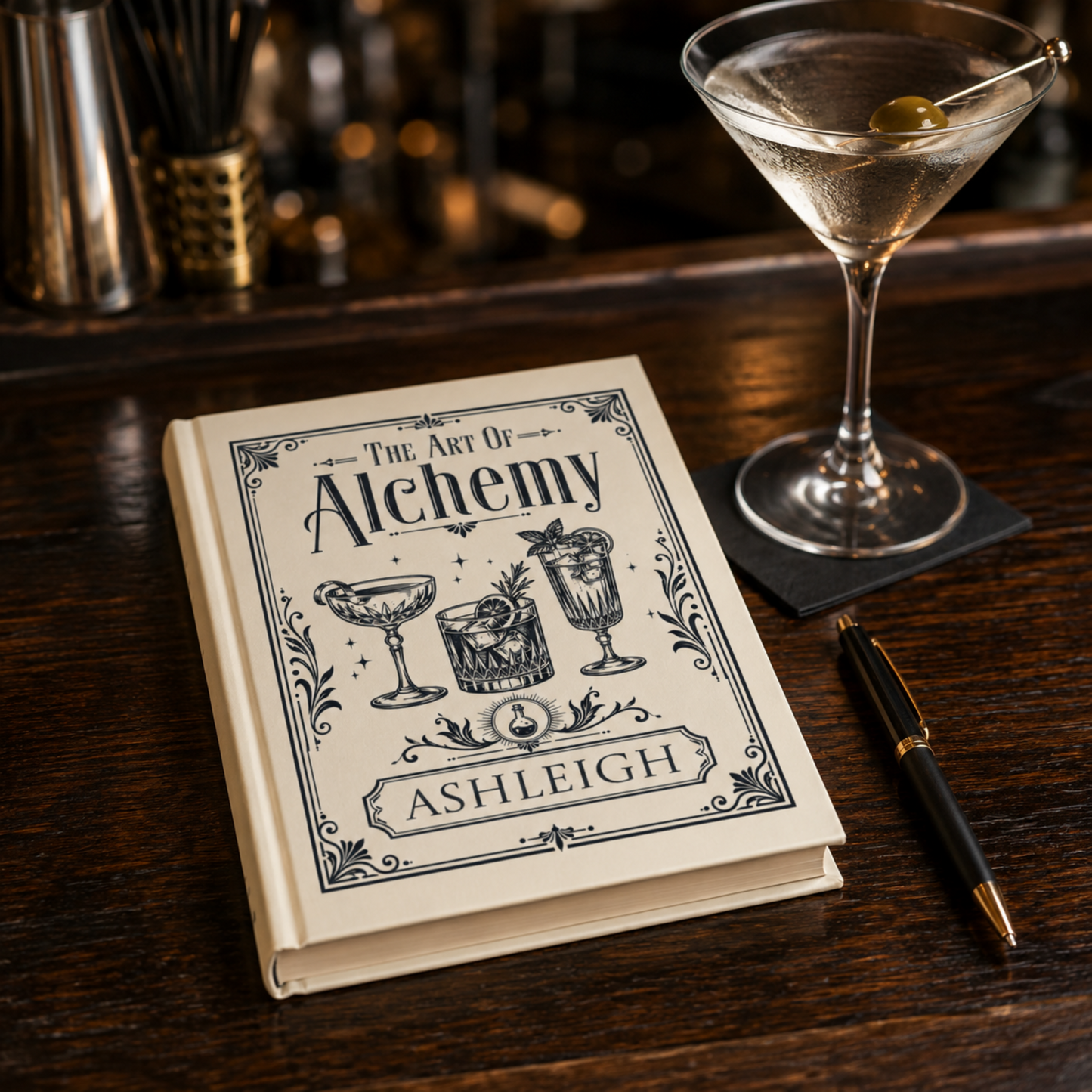 Book titled 'The Art of Alchemy Ashleigh' on a bar with a cocktail and pen.