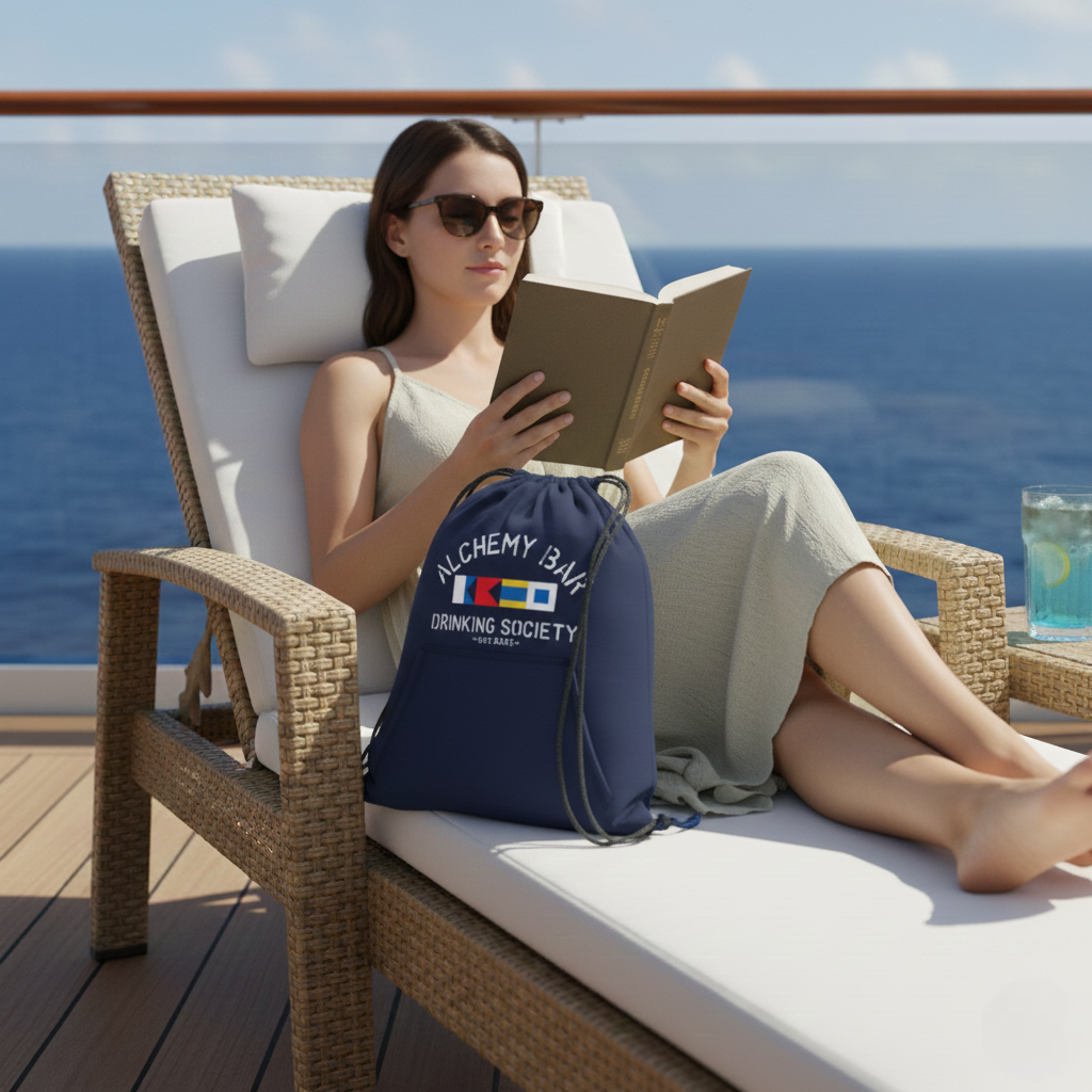 Woman reading a book on a lounge chair by the ocean with a 'Alchemy Bay Drinking Society' bag beside her.