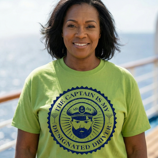 Woman wearing a light green ABDS “The Captain Is My Designated Driver” tee with a navy circular captain graphic while standing on a cruise ship deck.