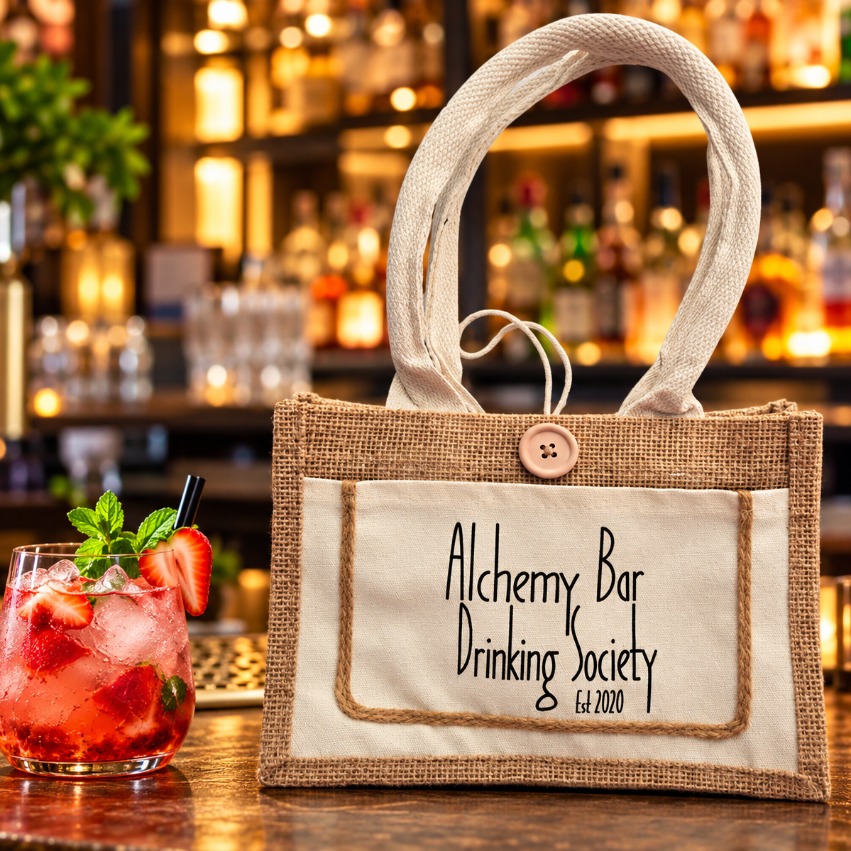A woven tote bag with a burlap-style jute border and a cream fabric front panel sits on a bar counter. The front panel is printed with the text 'Alchemy Bar Drinking Society Est.