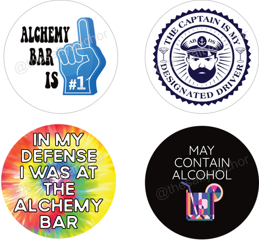 A set of six round drink coasters with various nautical-themed designs, including text and maritime symbols.
