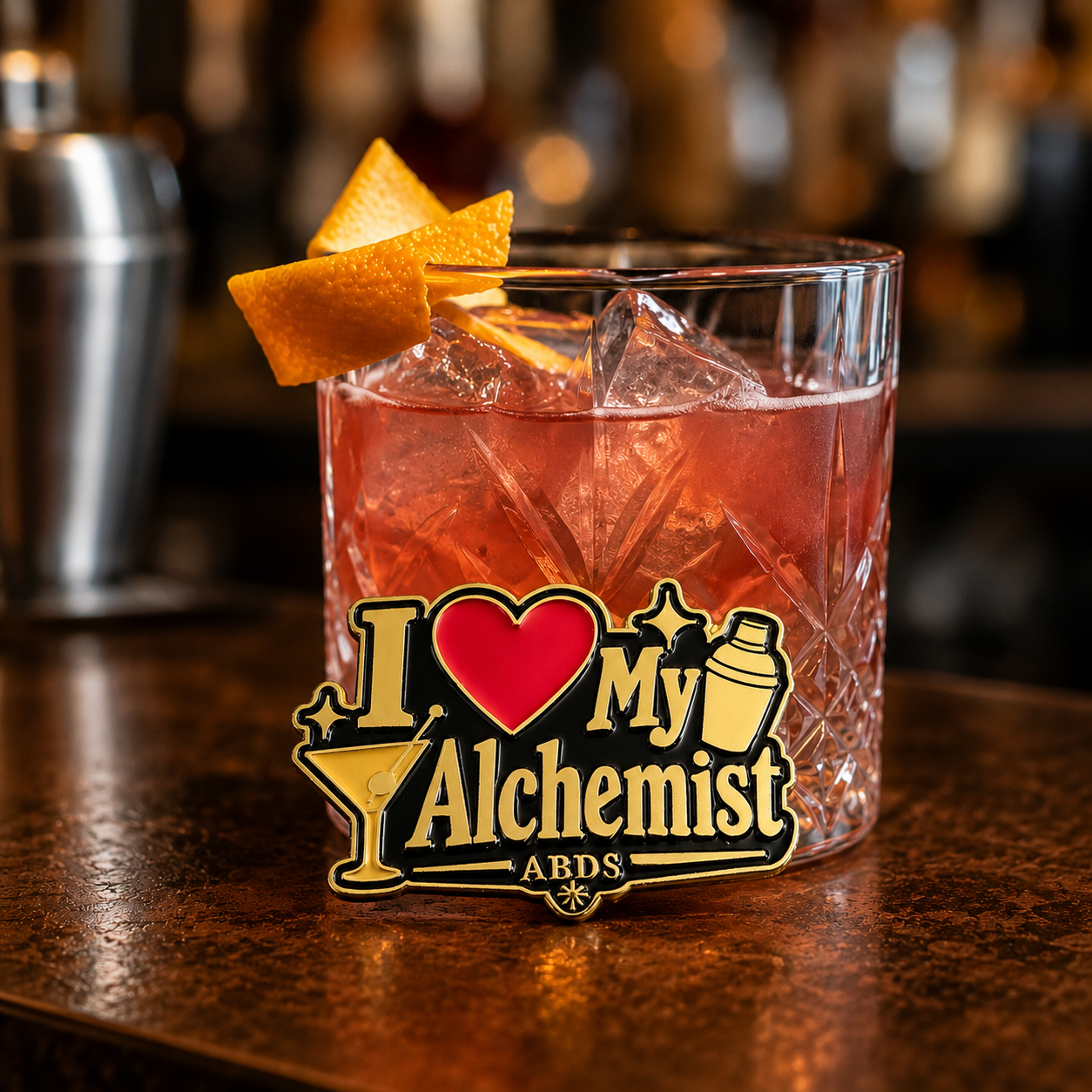 I Love My Alchemist enamel lapel pin with gold lettering, a red heart, martini glass, cocktail shaker, and black background.

