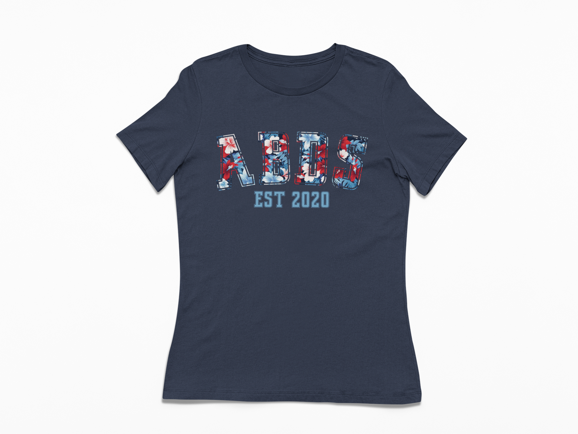 Navy women’s ABDS tee featuring red, white, and blue floral collegiate-style lettering with “EST 2020” printed underneath.