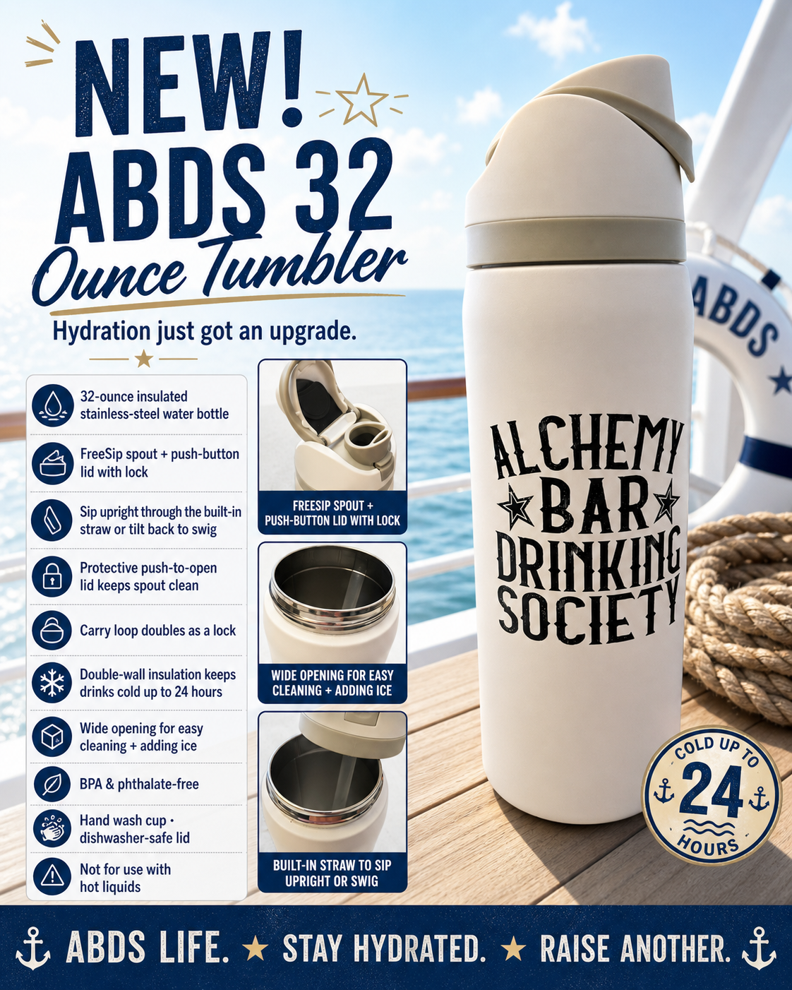 32-ounce insulated tumbler with 'Alchemy Bar Drinking Society' text on a boat deck background