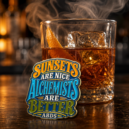 A close-up of a smoky whiskey glass with ice and a citrus wedge on a dark bar counter, with a decorative enamel pin in front that reads 'SUNSETS ARE NICE ALCHEMISTS ARE BETTER ABDS'.