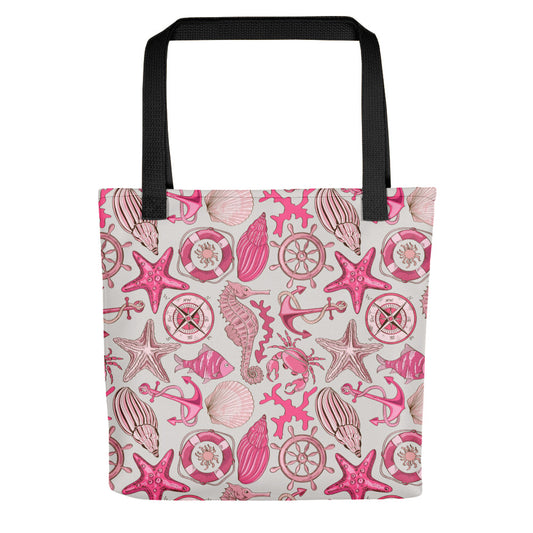 Pink Sea Animals and Nautical Design Tote Bag 15x15 - The Salty Anchor