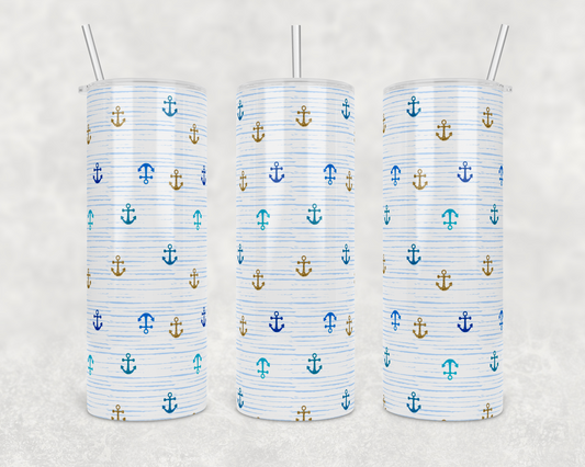 Blue Gold Anchors and Stripes Insulated Drink Tumbler - The Salty Anchor