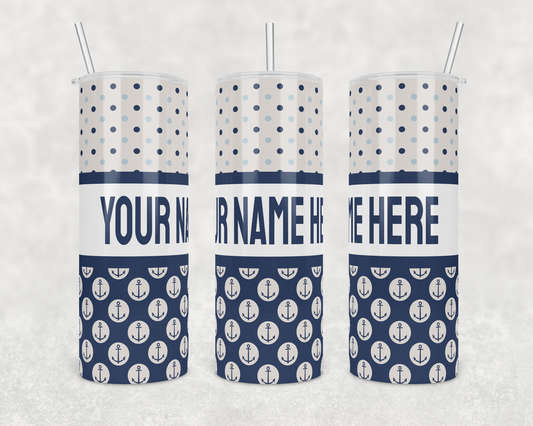 Nautical Blue & Tan Personalized Insulated Drink Tumbler - The Salty Anchor