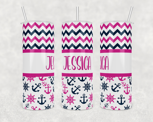 Nautical Pink & Blue Personalized Insulated Drink Tumbler - The Salty Anchor
