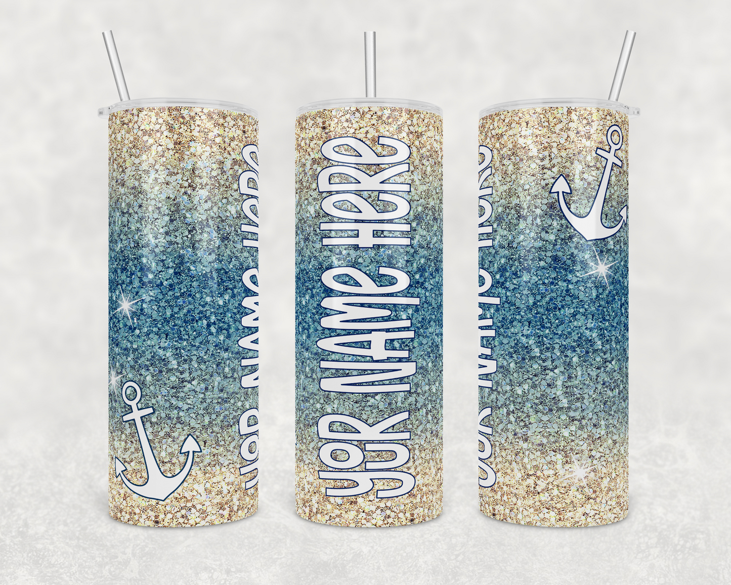 Custom Your Name Here Blue Gold Glitter Insulated Drink Tumblers - The Salty Anchor