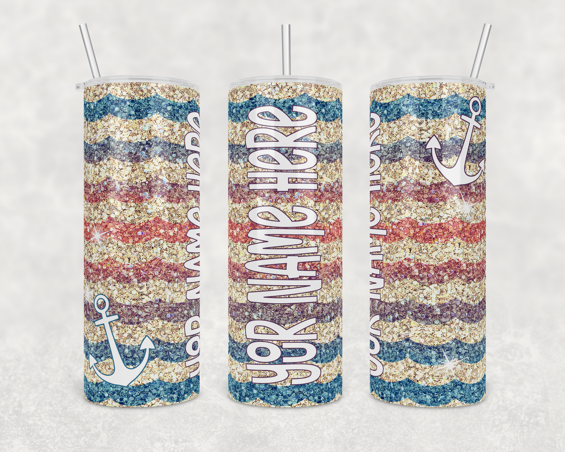 Custom Your Name Here Rainbow Waves Glitter Insulated Drink Tumblers - The Salty Anchor